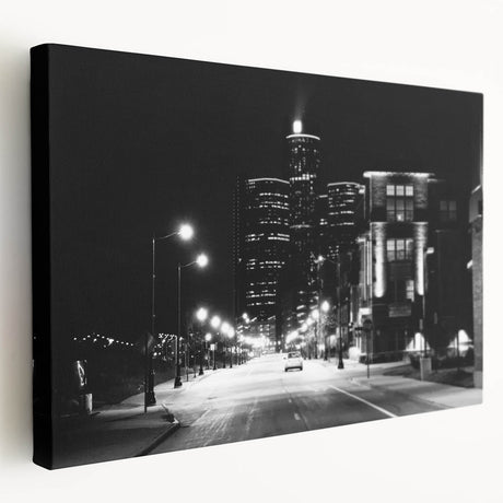 Large stretched canvas depicting the Detroit skyline in muted blue and gray tones, suited for kitchen wall art.