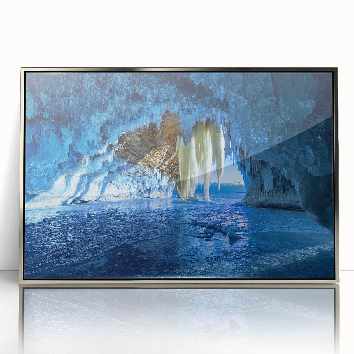 Mid-century modernist art depicting Michigan's Upper Peninsula in muted earth tones on a silver-framed acrylic print.
