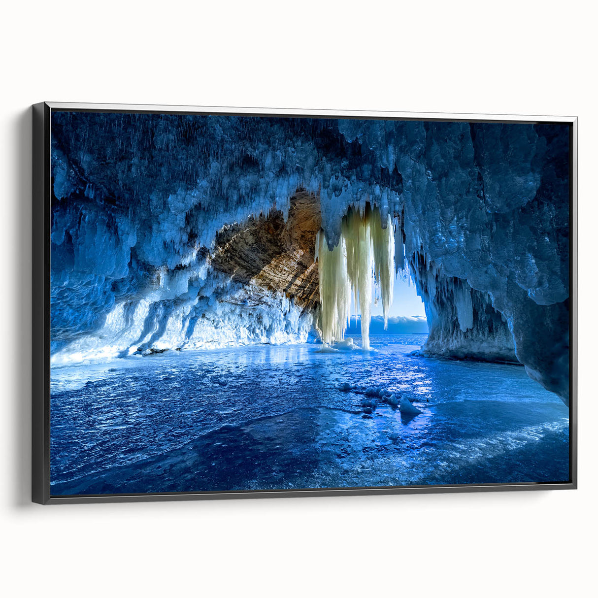 Black and white landscape art painting of Michigan's Upper Peninsula on framed canvas, ideal for bedroom wall decor.