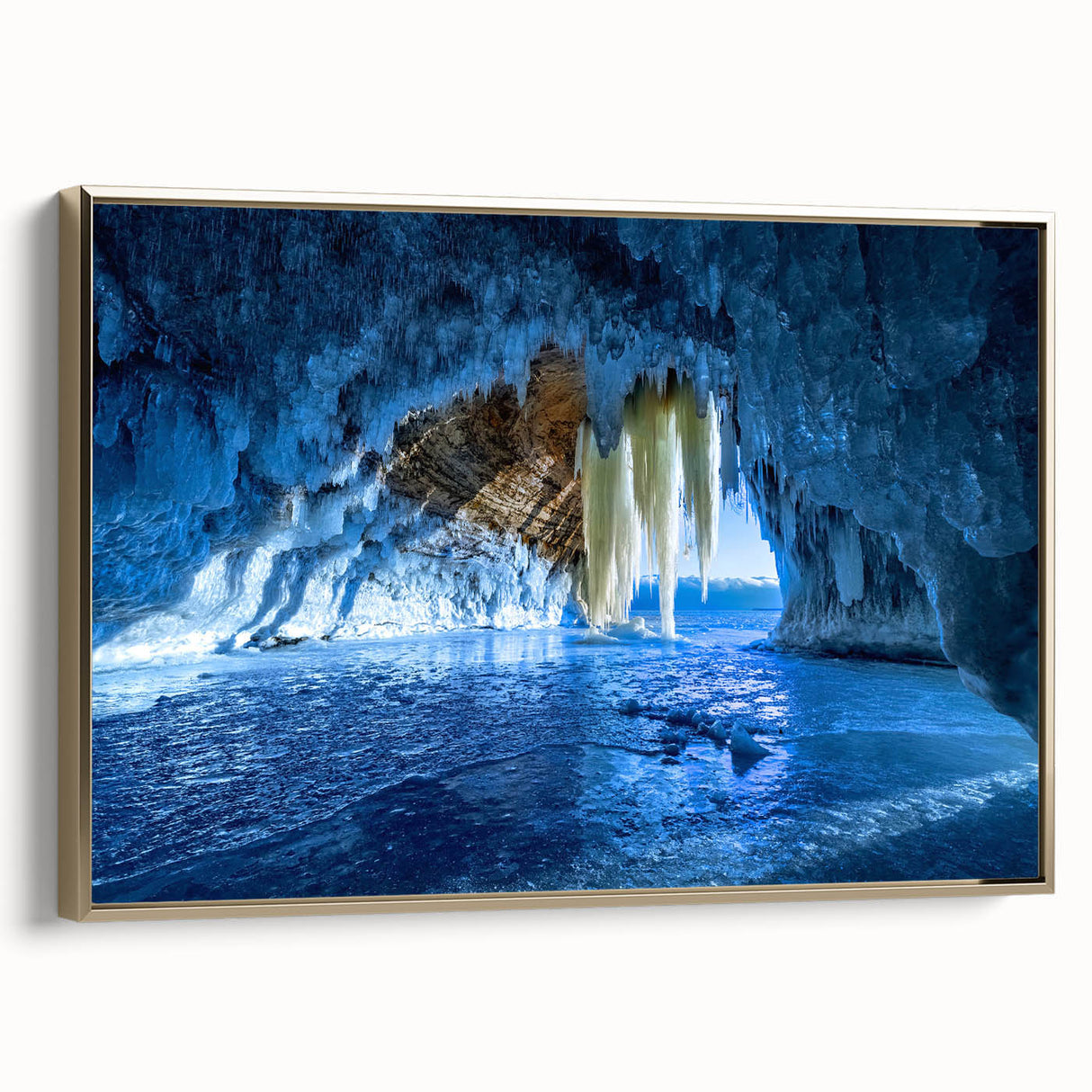 Framed canvas wall art depicting a vintage-style Michigan Upper Peninsula landscape in black and gold tones.