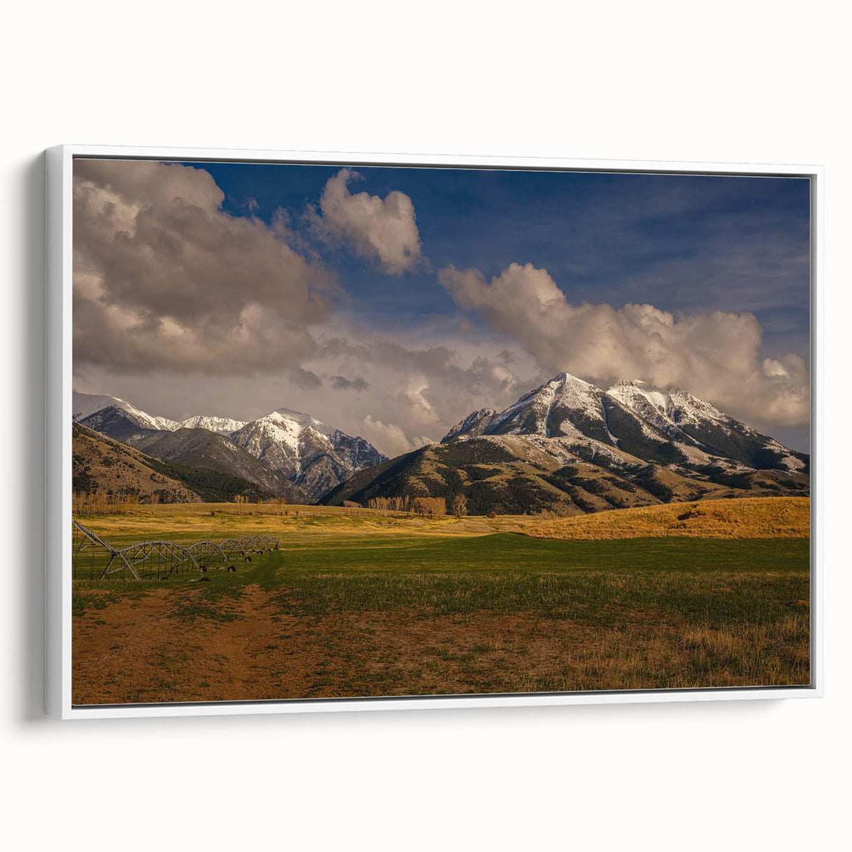 Vintage poster art of Montana scenery in vibrant colors on a large framed canvas, ideal for living room decor.