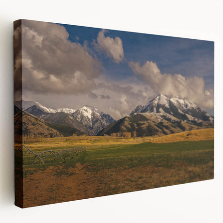 Landscape painting of Montana scenery on stretched canvas, featuring earthy green and blue tones, ideal for kitchen wall art.