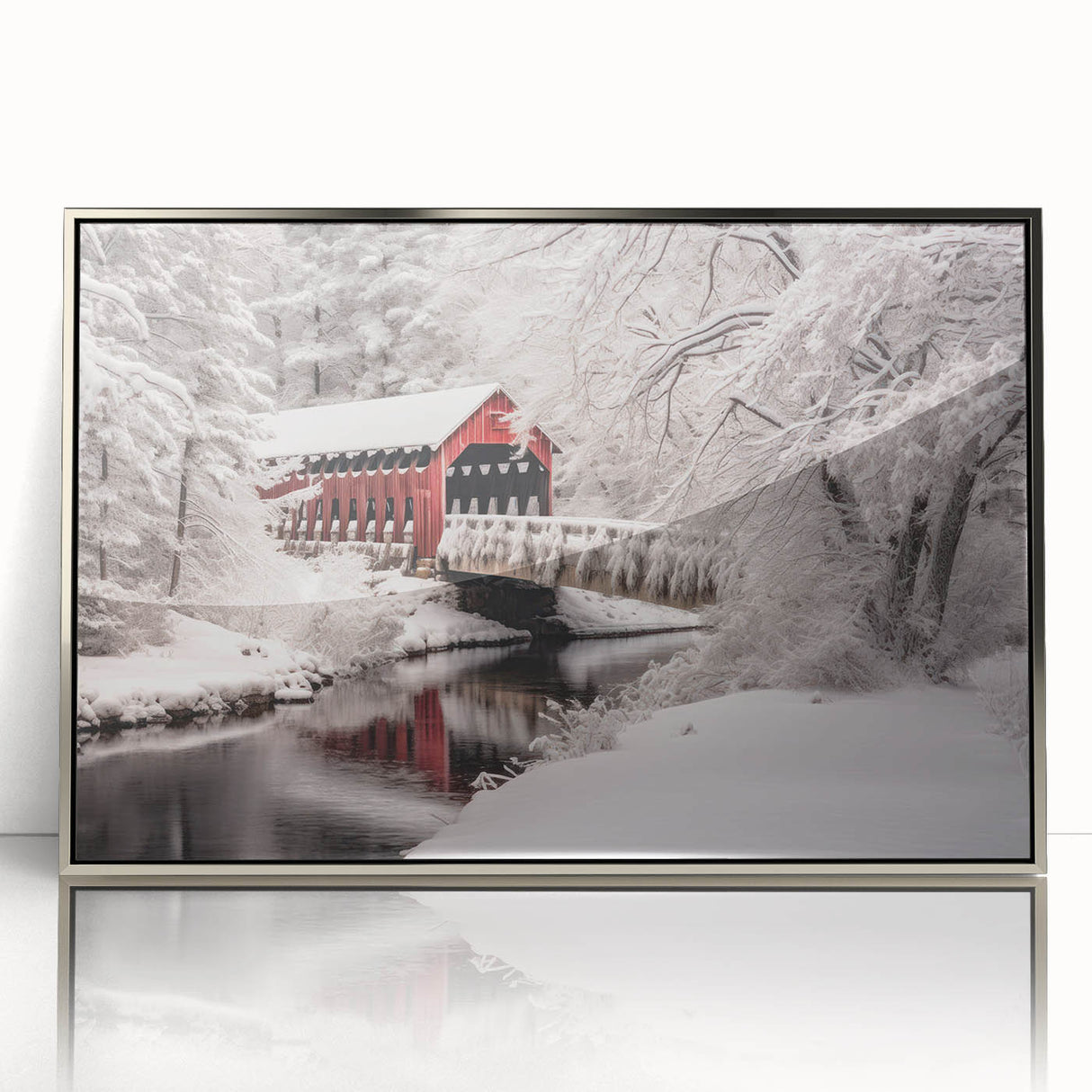 Mid-century modernist art of New Hampshire scenery in silver acrylic frame, featuring cool blue and green tones.