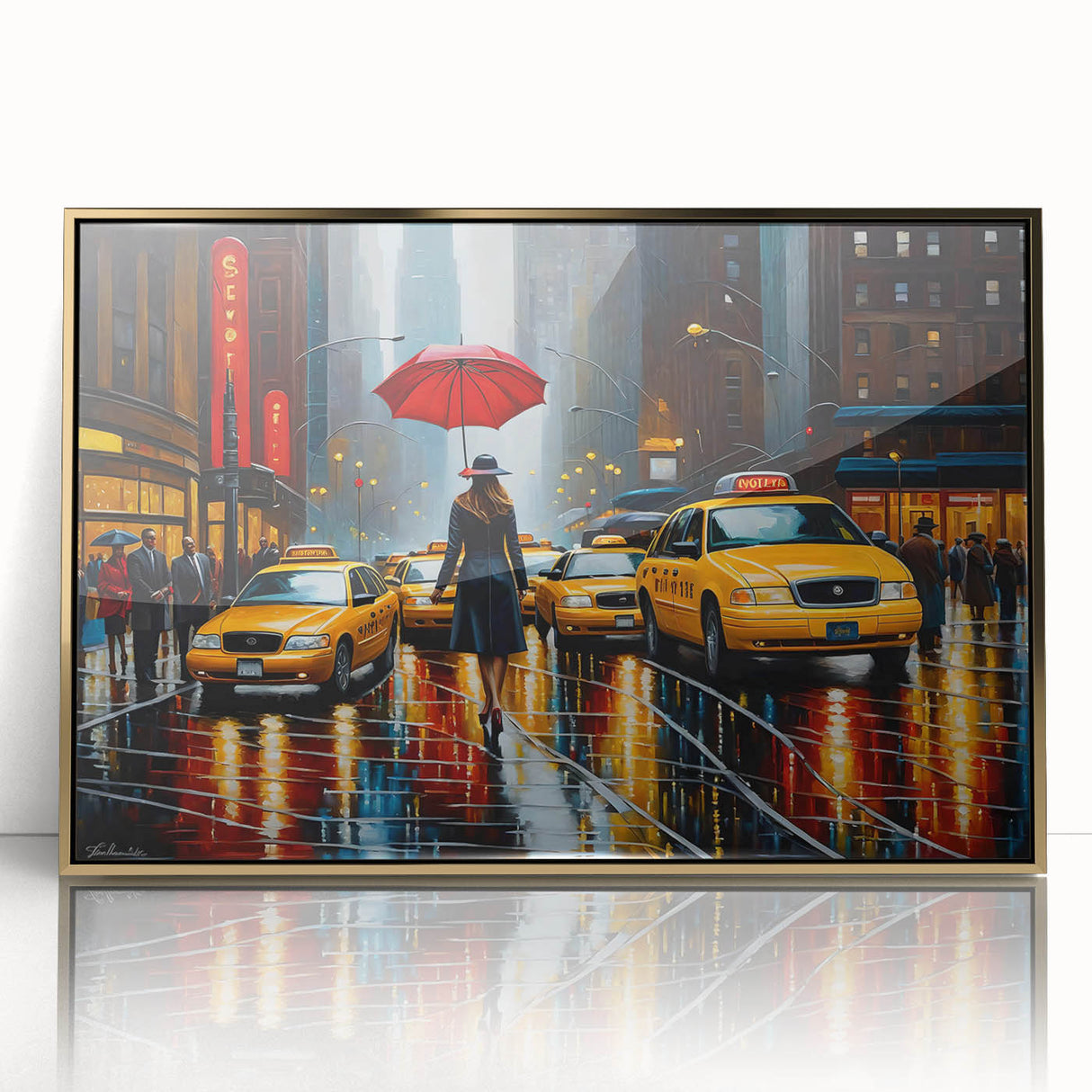 Large acrylic print of Manhattan skyline in gold and black tones, framed, in mid-century modernist style.