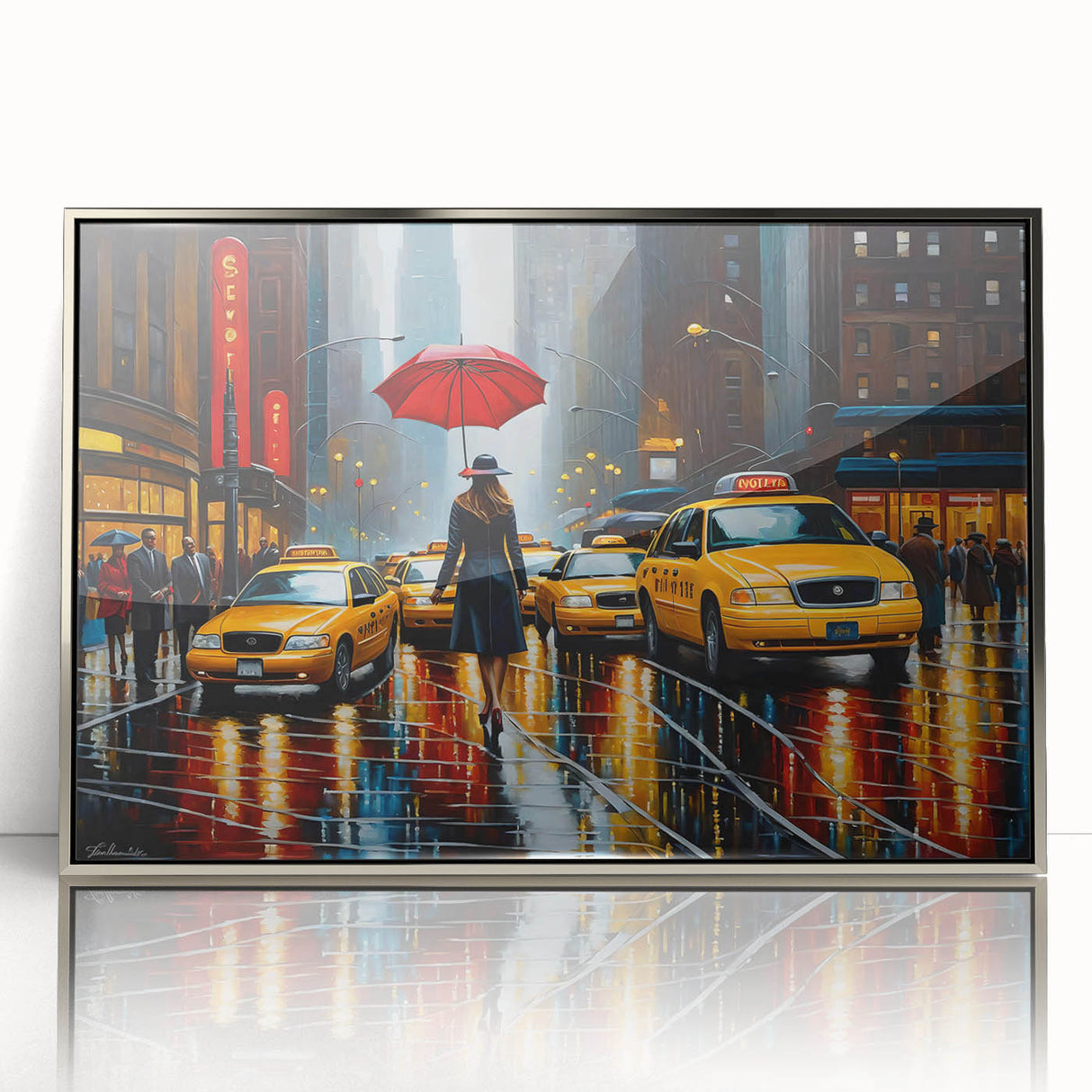Mid-century modernist art of Manhattan skyline in muted silver tones on framed acrylic, suitable for modern art wall decor.