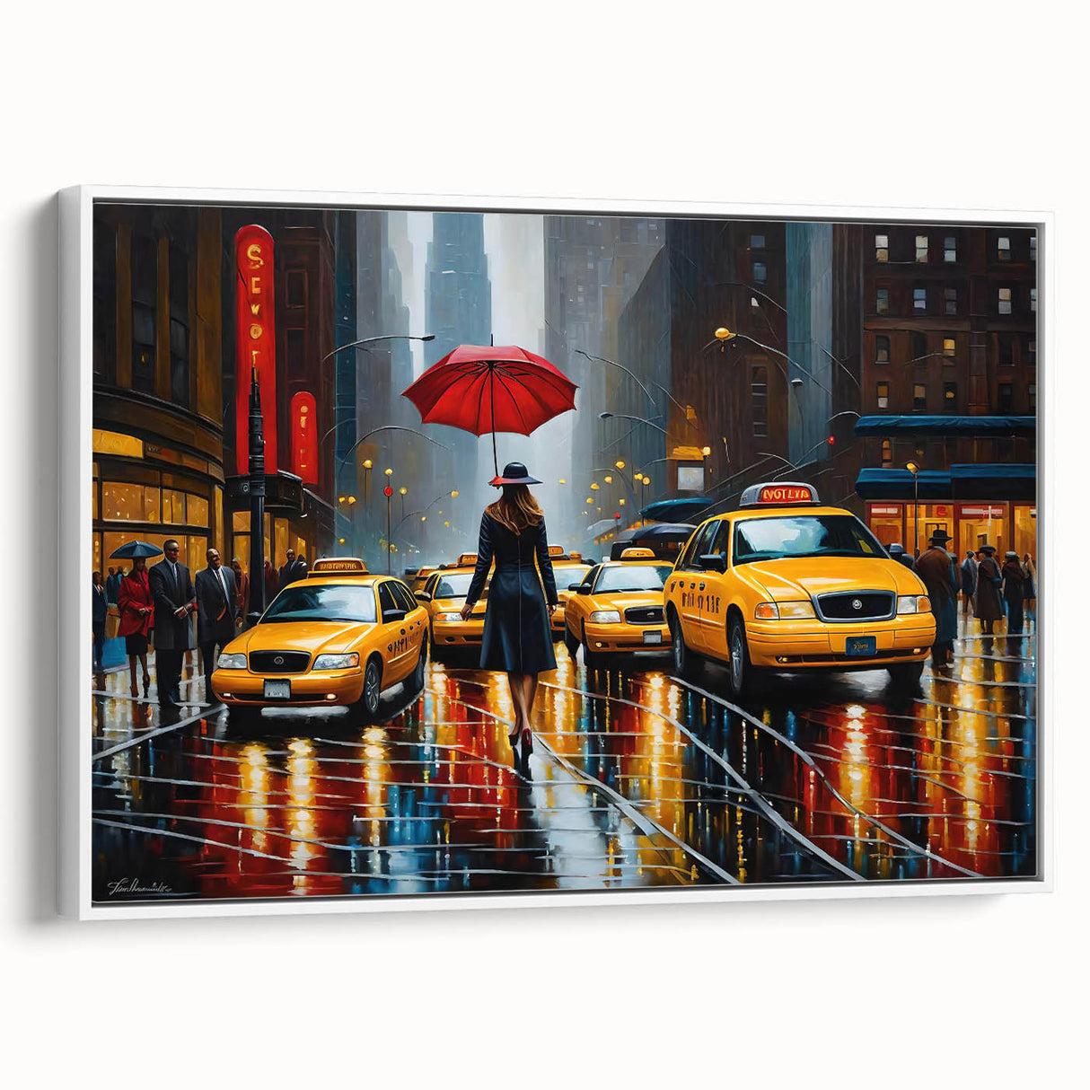 Vintage poster art of Manhattan skyline in colorful hues on extra large framed canvas, suitable for living room decor.