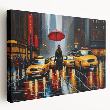 Side view of a large canvas depicting the Manhattan skyline in muted gray and blue tones, ideal for kitchen wall art.
