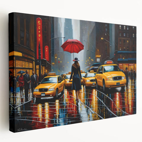 Side view of a large canvas depicting the Manhattan skyline in muted gray and blue tones, ideal for kitchen wall art.
