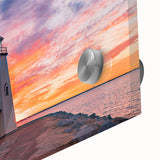 Large abstract wall art featuring vibrant hues of orange and blue on acrylic glass, ideal for dining room ambiance.