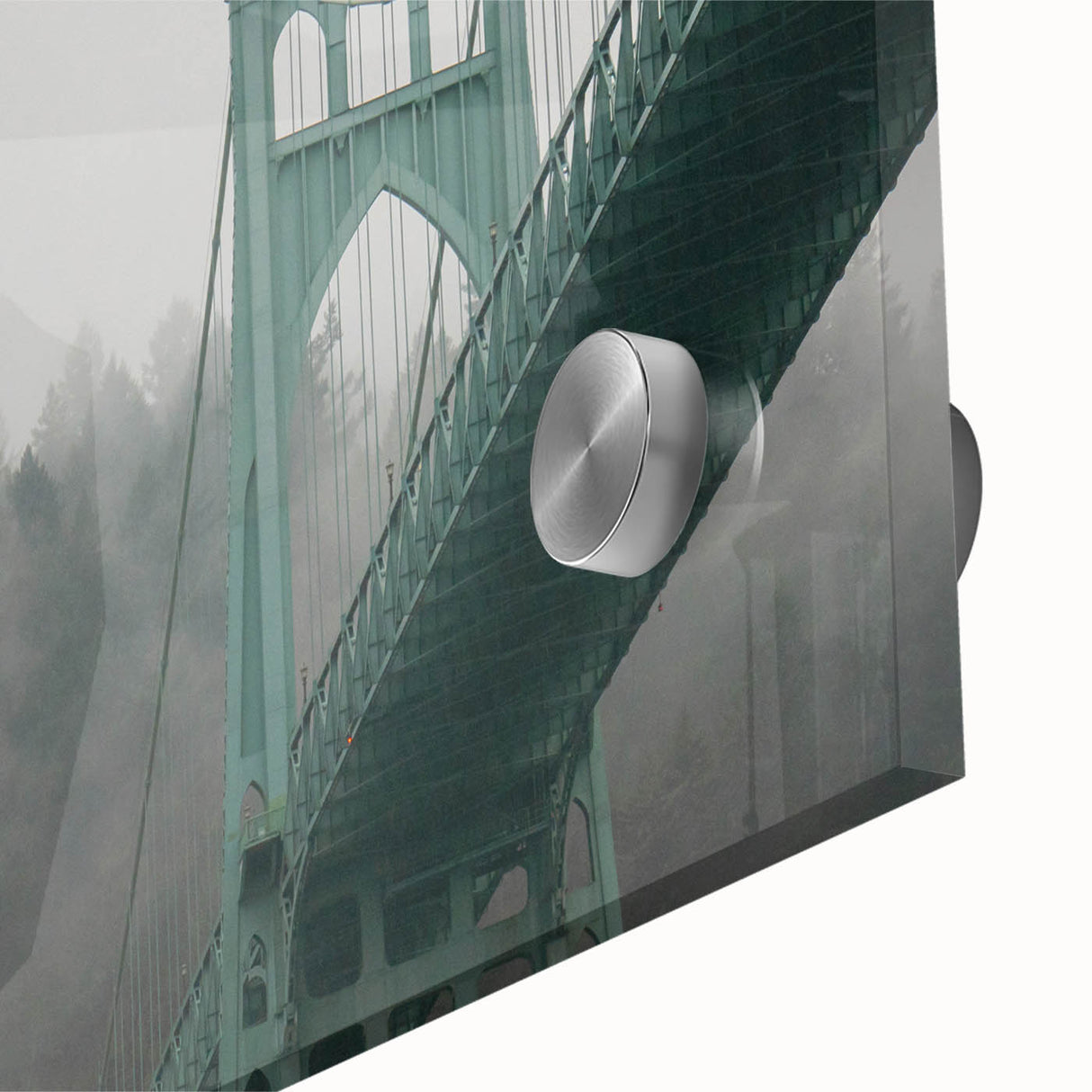 Acrylic print of a large abstract depiction of Portland, Oregon in mid-century modernist style, using muted earth tones.