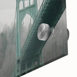 Acrylic print of a large abstract depiction of Portland, Oregon in mid-century modernist style, using muted earth tones.