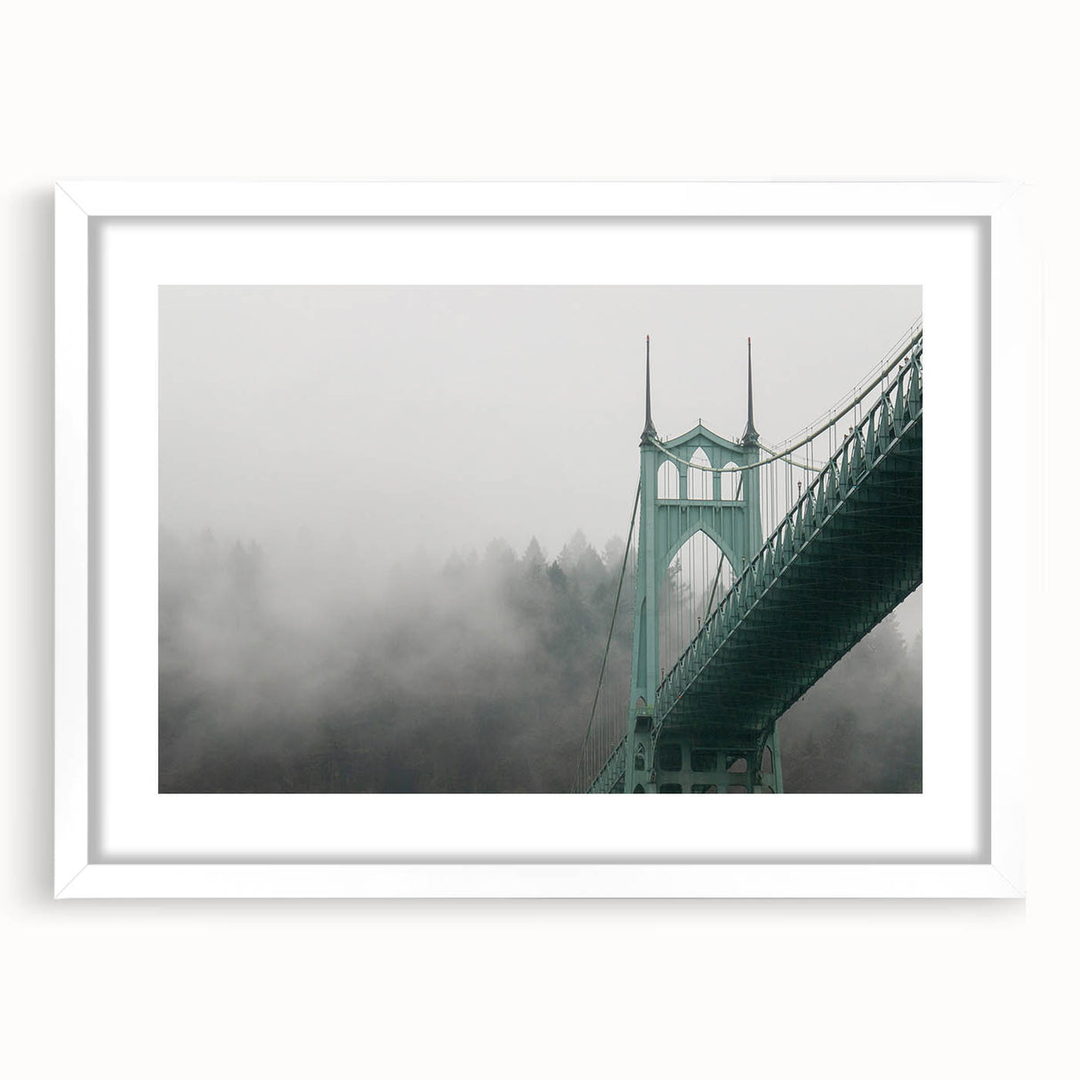 Abstract art print of Portland, Oregon, in muted green and blue tones on a white-framed canvas.