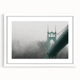 Abstract art print of Portland, Oregon, in muted green and blue tones on a white-framed canvas.