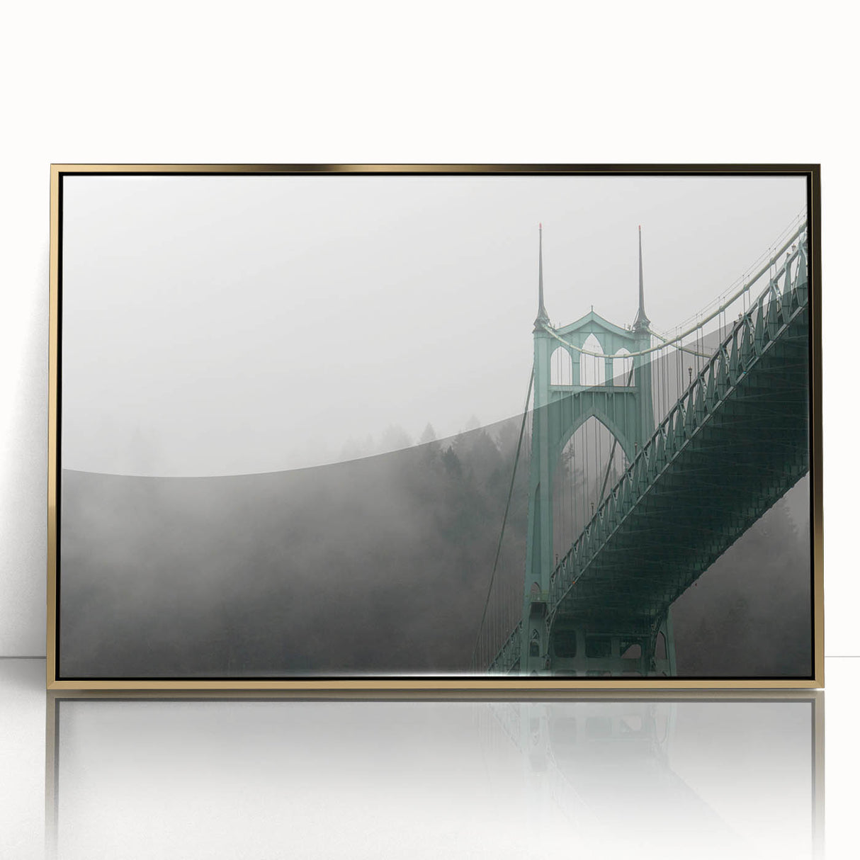 Acrylic print of Portland, Oregon skyline in gold tones, framed, ideal for modern art wall decor.