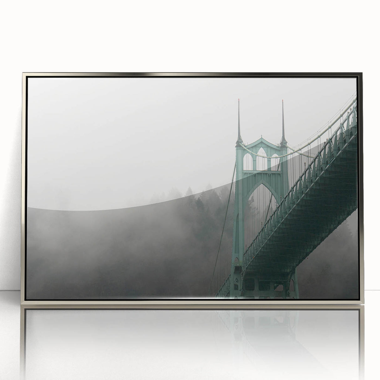 Mid-century modernist art depicting Portland, Oregon scenery in muted earth tones on a silver-framed acrylic print.