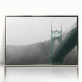 Mid-century modernist art depicting Portland, Oregon scenery in muted earth tones on a silver-framed acrylic print.