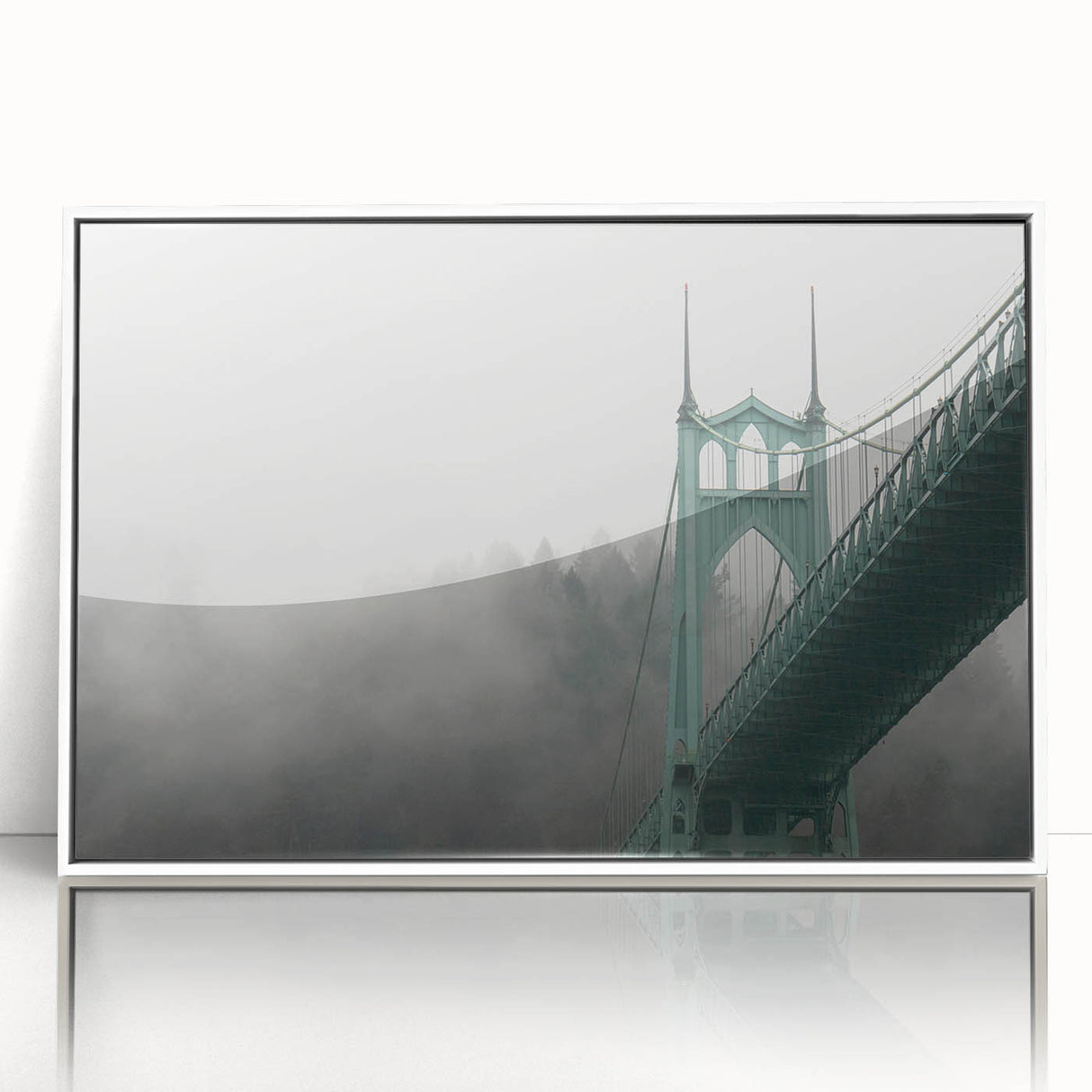 Art deco style poster of Portland, Oregon skyline in muted grays and blues on a white framed acrylic.