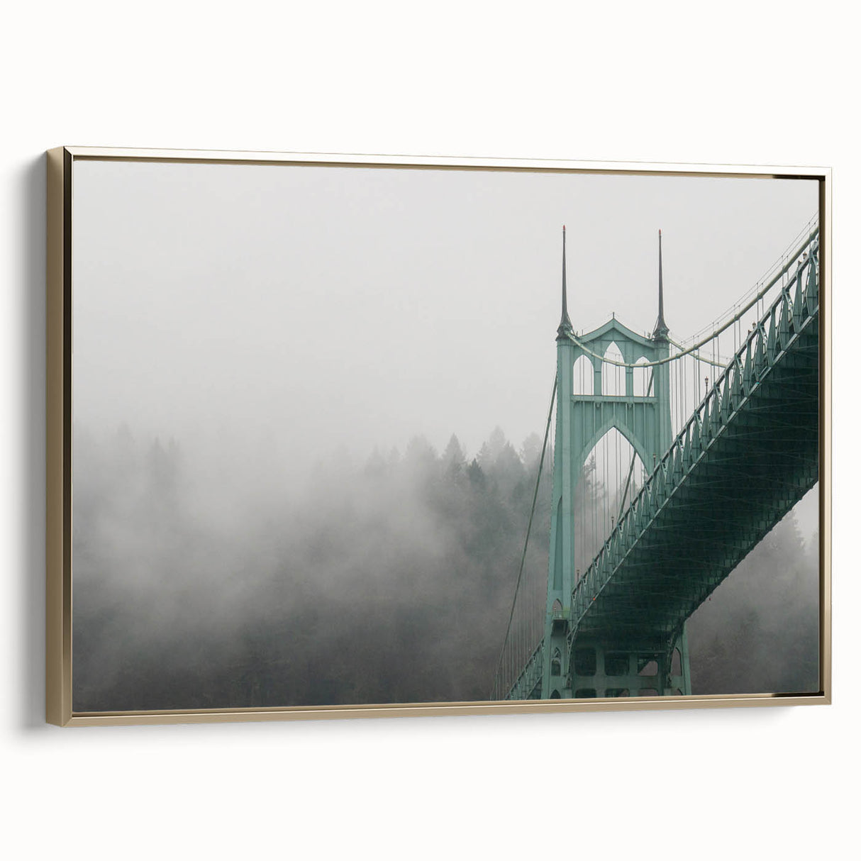 Framed canvas of a vintage-style Portland, Oregon landscape in black and gold tones, suitable for bedroom decor.
