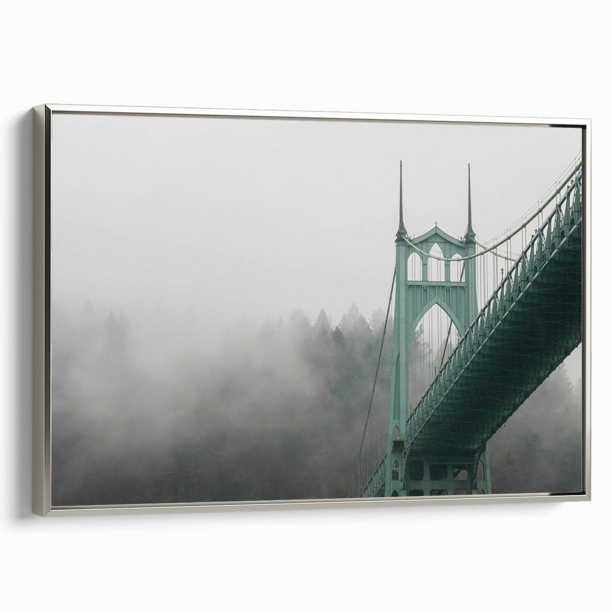Framed canvas of a Portland, Oregon landscape in muted earth tones, ideal for living room decor.
