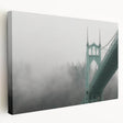 Side view of a stretched canvas depicting the Portland, Oregon skyline in muted green and blue tones.