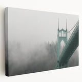 Side view of a stretched canvas depicting the Portland, Oregon skyline in muted green and blue tones.