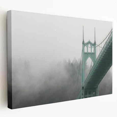 Side view of a stretched canvas depicting the Portland, Oregon skyline in muted green and blue tones.