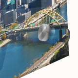 Large abstract wall art of Pittsburgh skyline in muted gray tones on acrylic glass, perfect for dining room ambiance.