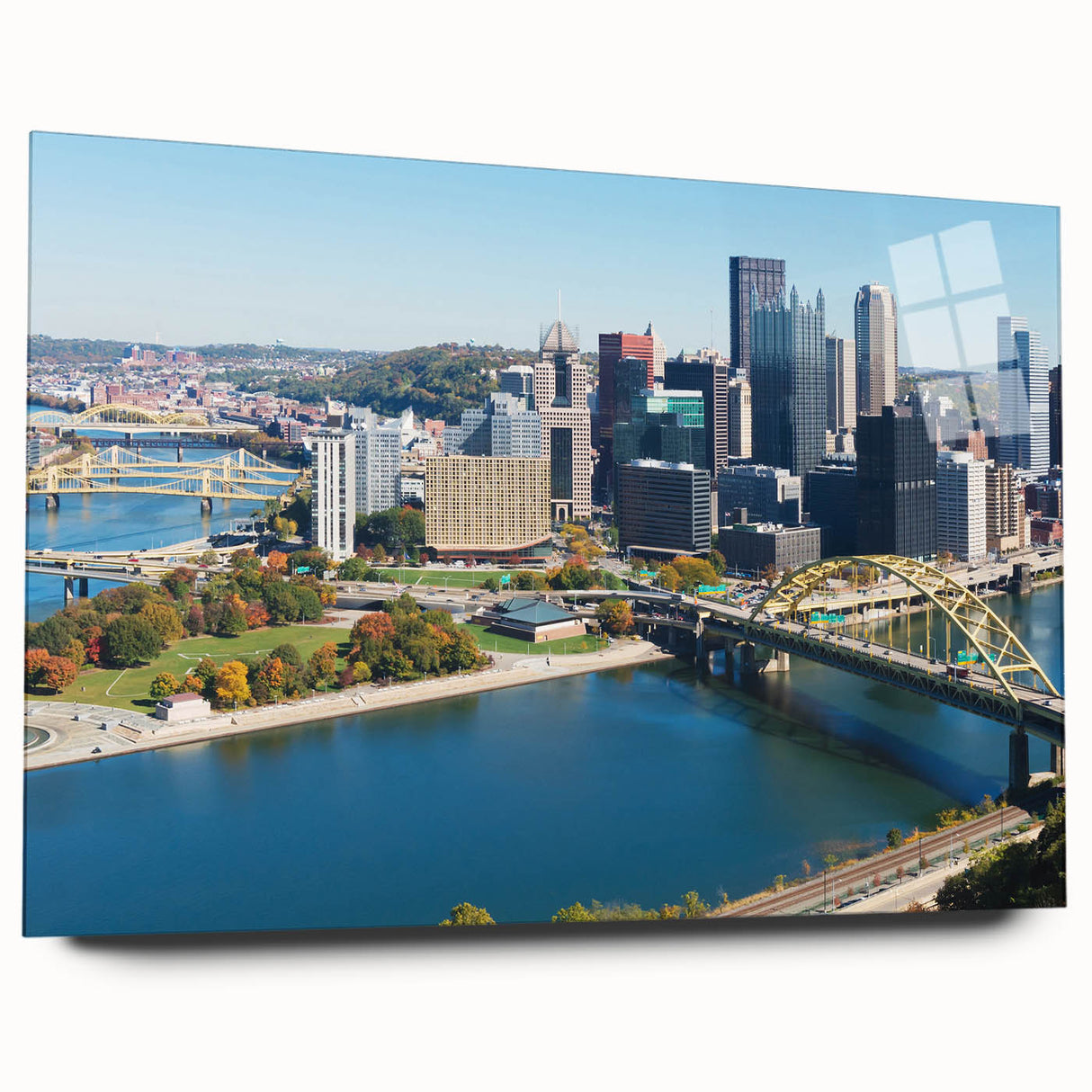 Acrylic print of a large abstract depiction of Pittsburgh skyline in muted blue and gray tones.