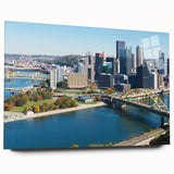 Acrylic print of a large abstract depiction of Pittsburgh skyline in muted blue and gray tones.