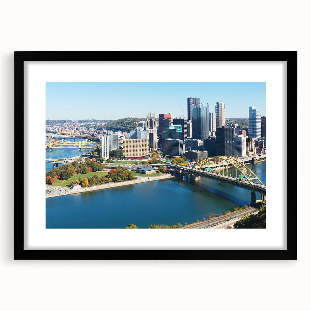 Extra large framed abstract print of Pittsburgh skyline in vibrant, colorful hues, ideal for living room decor.