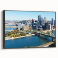 Black and white framed canvas of Pittsburgh landscape, ideal for bedroom wall decor.