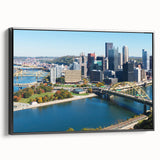 Black and white framed canvas of Pittsburgh landscape, ideal for bedroom wall decor.