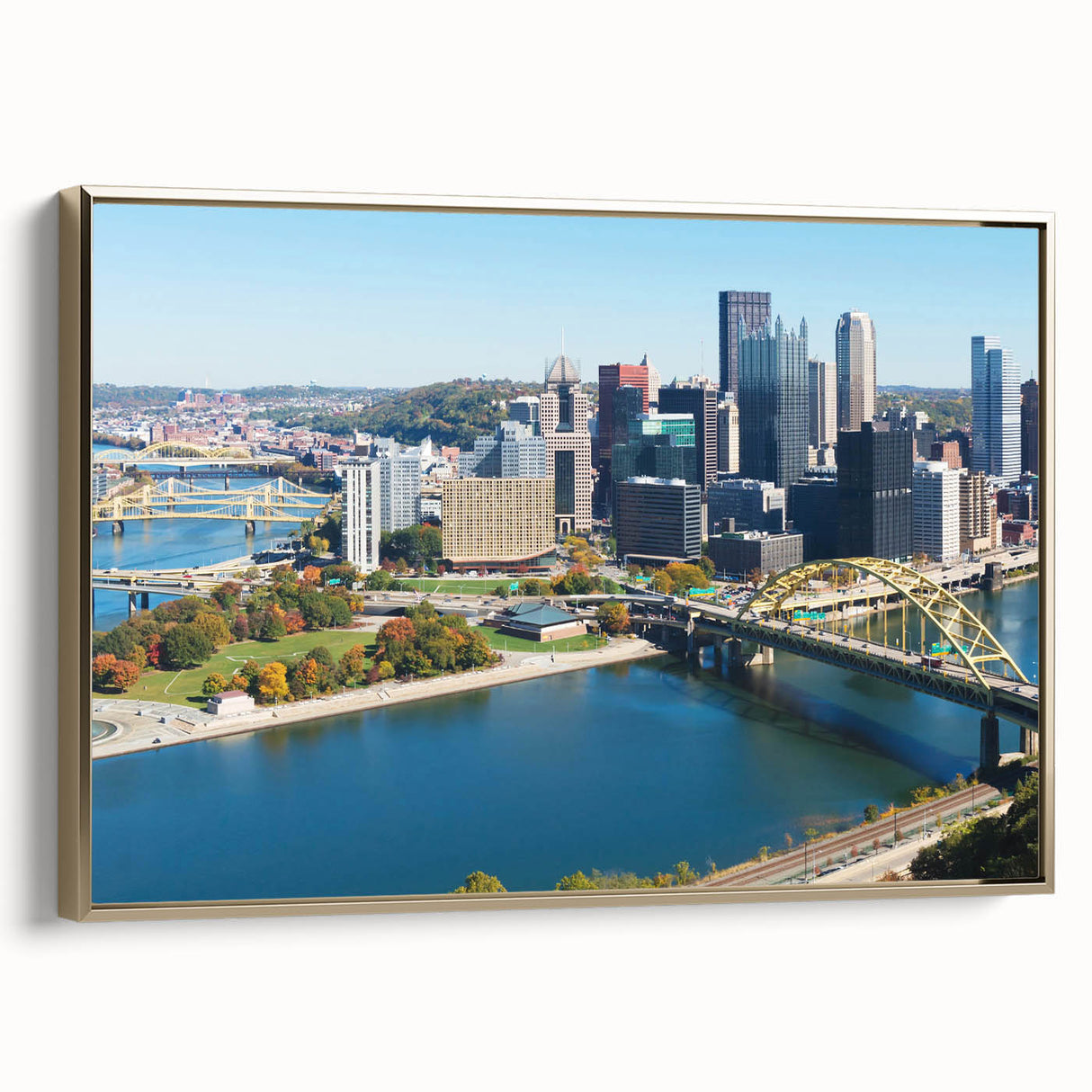 Framed canvas of a vintage Pittsburgh landscape in black and gold tones, ideal for bedroom wall art.
