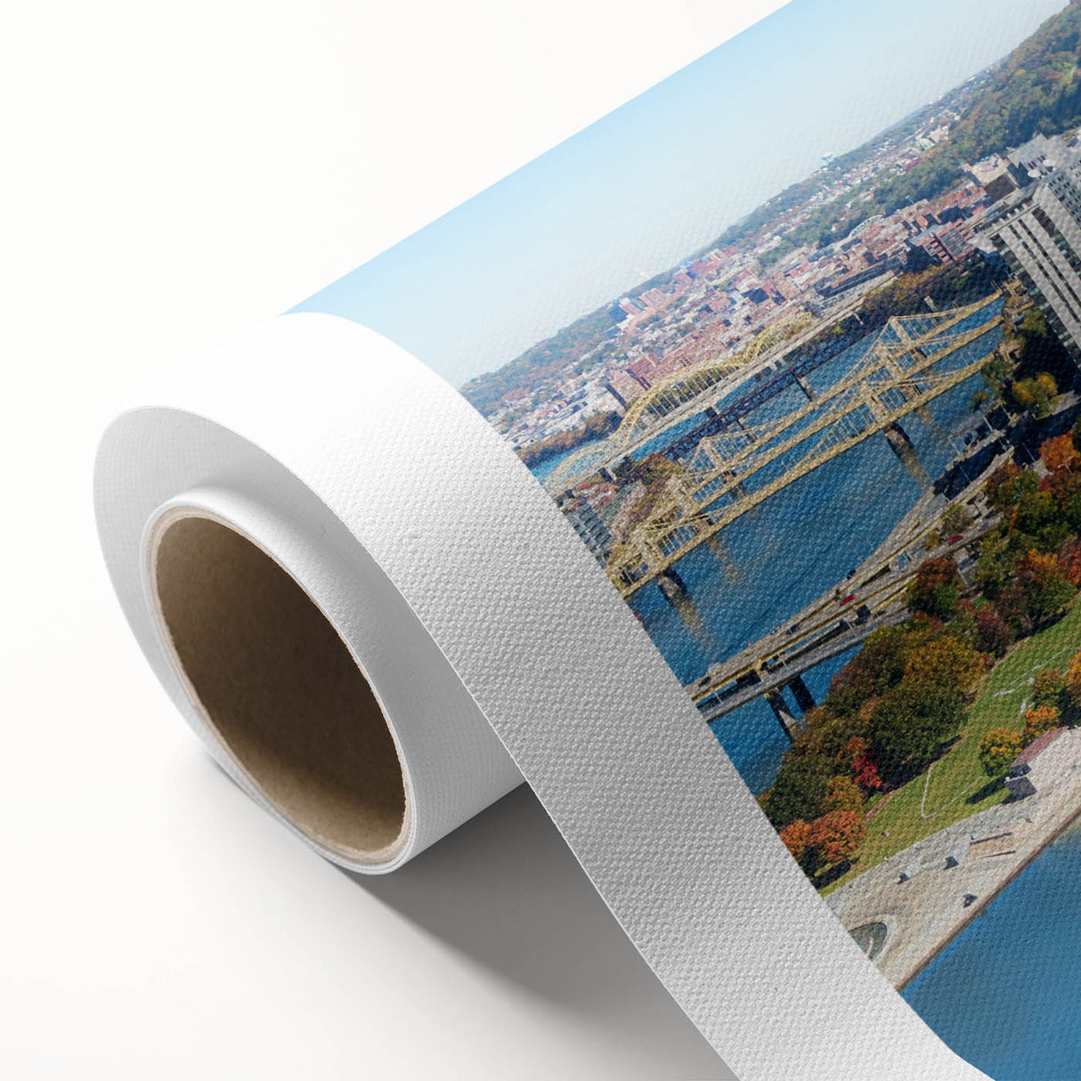 Art Deco style poster of Pittsburgh skyline in muted gray and blue tones on rolled canvas, ideal for nursery wall art.