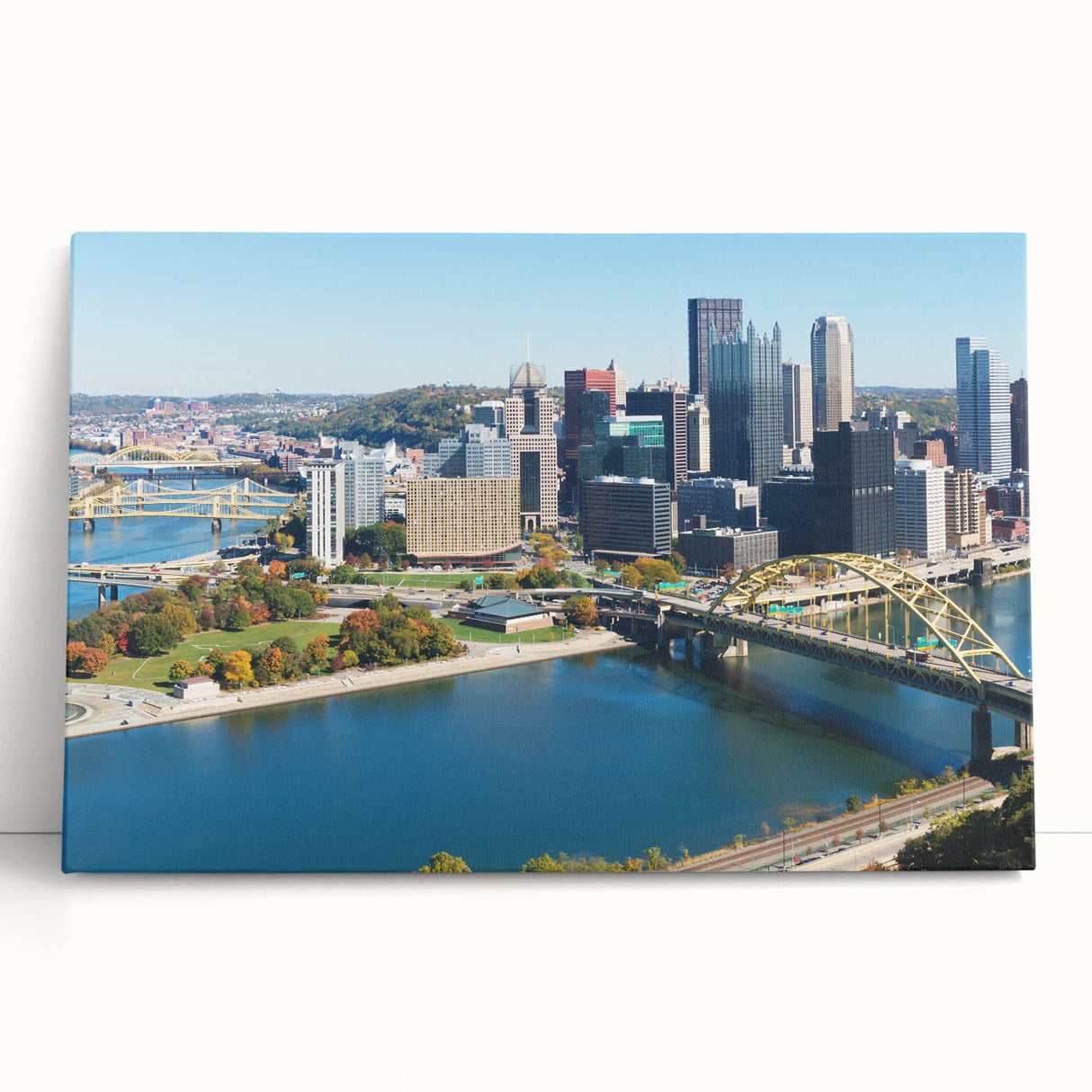 Black and white stretched canvas depicting the Pittsburgh skyline, ideal for kitchen wall art.