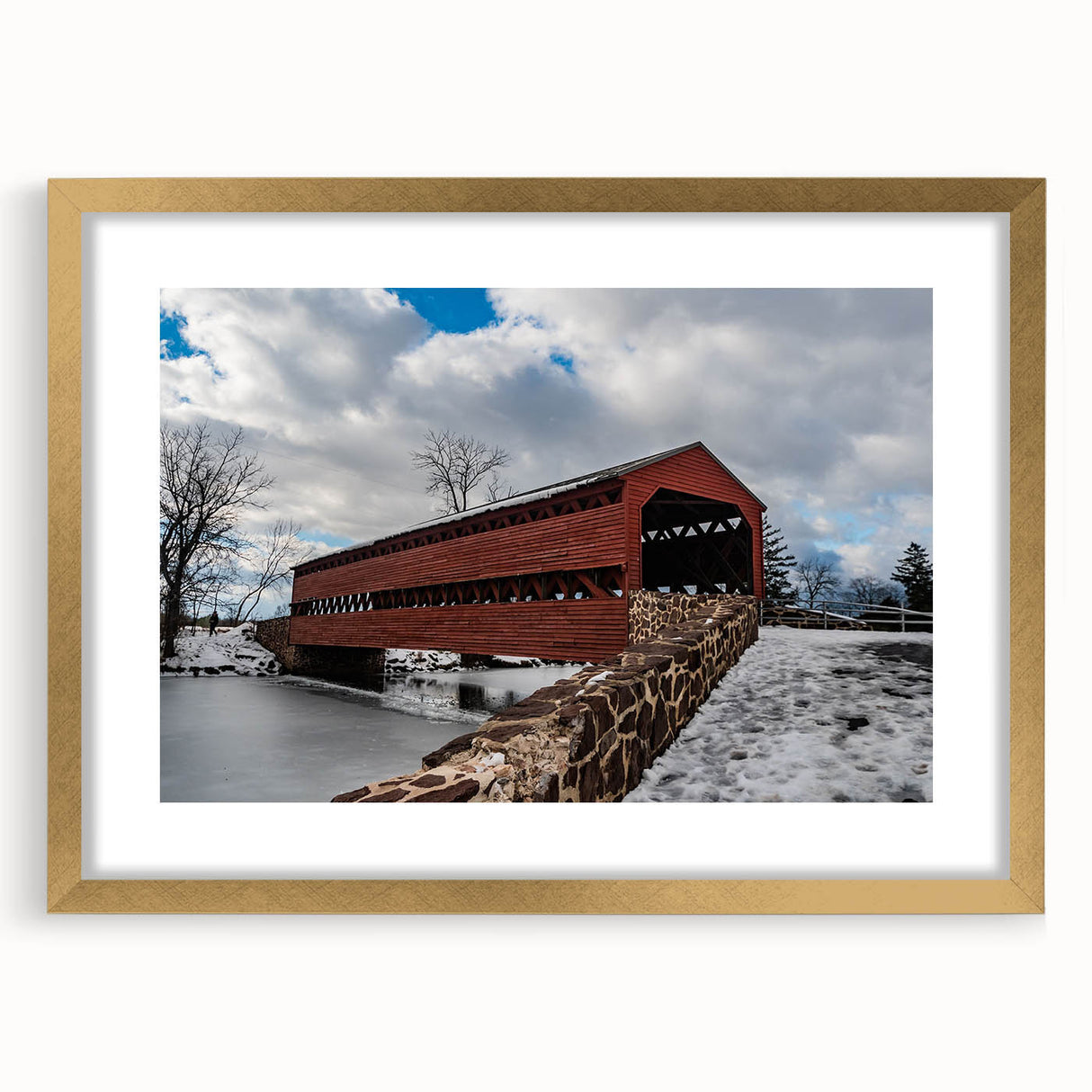 Extra large abstract art print of Pennsylvania scenery in textured style, with muted earth tones, framed in gold.