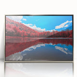 Mid-century modernist art featuring a serene Vermont landscape in soft pastel tones, framed in silver acrylic.