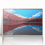 Acrylic print of a serene Vermont landscape in soft green and blue tones, framed in white, suitable for modern nursery decor.