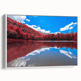 Vintage poster art of Vermont scenery on a framed canvas, featuring vibrant autumn colors, ideal for living room decor.