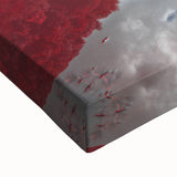 Large art depicting a black and white Vermont landscape on stretched canvas, suitable for bedroom wall decor.