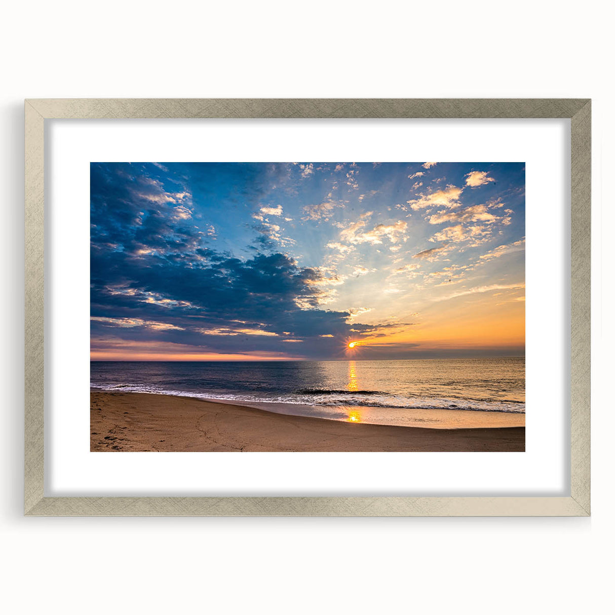 Textured art depicting an abstract Virginia landscape in muted earth tones on a framed silver mat, ideal for bedroom art.