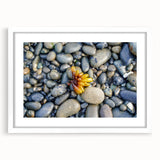 Abstract art print of Olympic scenery in muted green and blue tones, framed with a white mat, suitable for dining room decor.