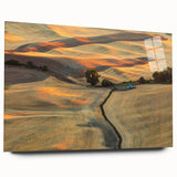 Large abstract wall art featuring the rolling hills of the Palouse in muted greens and browns, printed on acrylic glass.