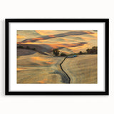 Extra large abstract art print depicting the colorful, textured Palouse scenery on a framed black mat.