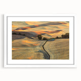 Abstract art print of Palouse, Washington landscape in muted green and brown tones, framed with a white mat.