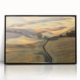 Large abstract wall art depicting rolling hills of Palouse, USA in muted green and brown shades, framed in black acrylic.