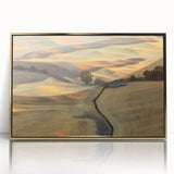 Mid-century modernist landscape of Palouse, USA in muted earth tones on a framed acrylic, ideal for modern art wall decor.