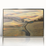 Mid-century modernist art depicting the Palouse fields in Washington, in muted earth tones on a framed acrylic print.