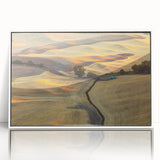 Modern art wall decor featuring a serene Palouse landscape on framed acrylic, with soft green and yellow tones.