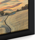 Extra large framed canvas featuring a textured depiction of the Palouse scenery in Washington, with a palette of earth tones.